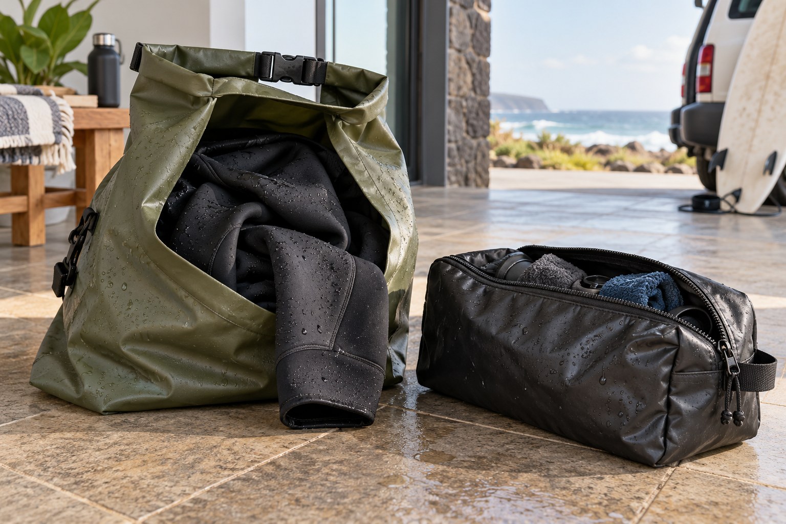 A roll-top wet bag and a zippered kit bag show different closure styles.