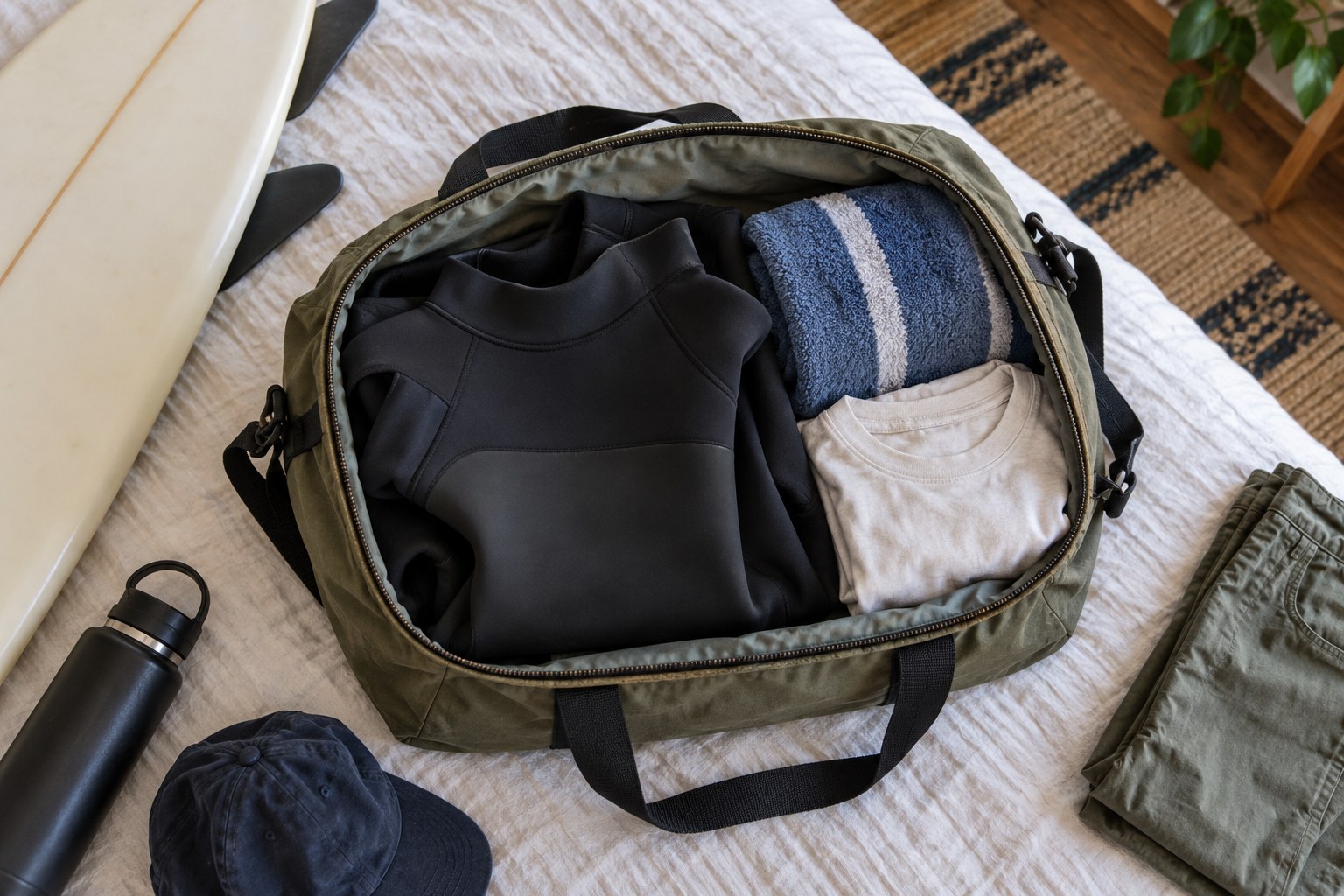 A loosely folded wetsuit fits inside a small travel duffel beside dry clothes.
