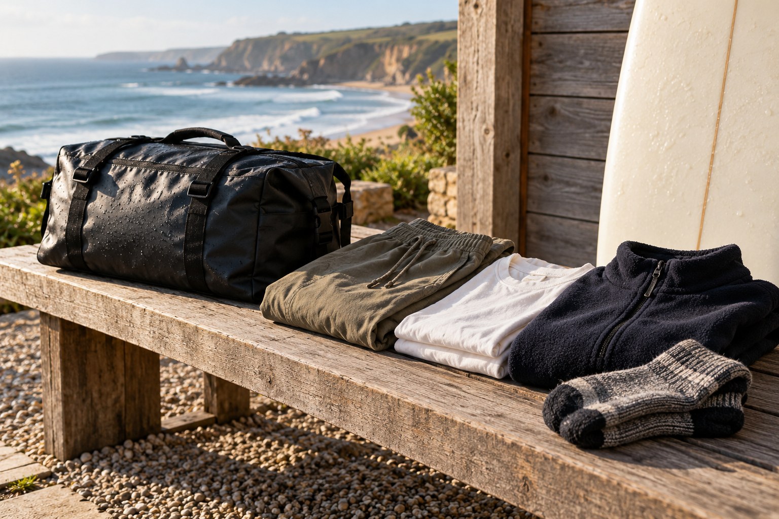 Dry trousers, shirt, fleece and socks are set out beside a closed wet kit bag.