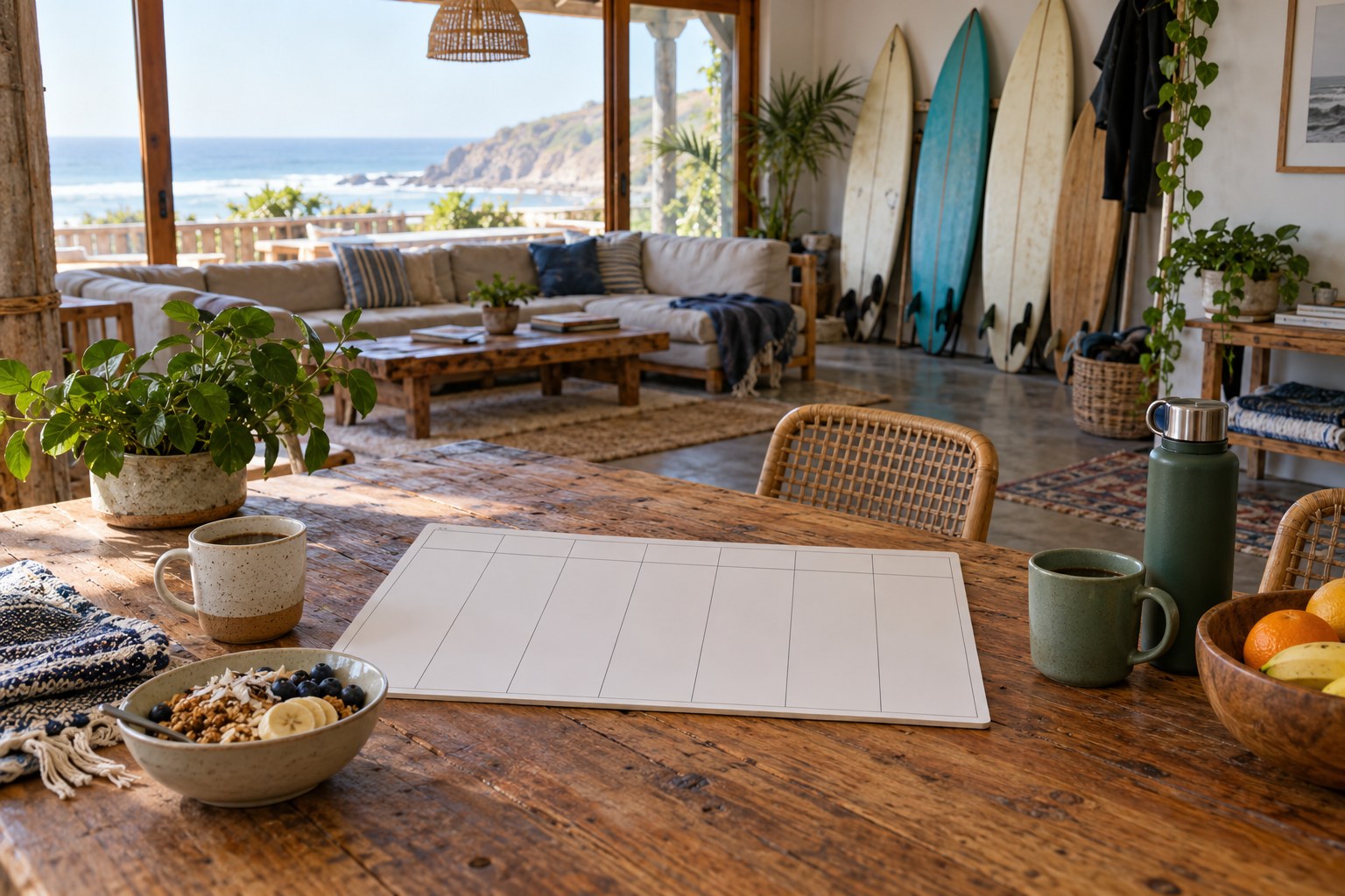 A weekly planner and breakfast cups sit in a surf camp common area.