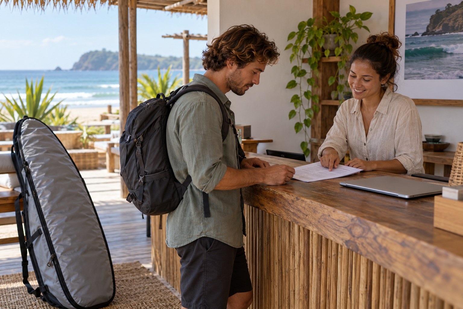 A traveller reviews a booking document with a member of accommodation staff.