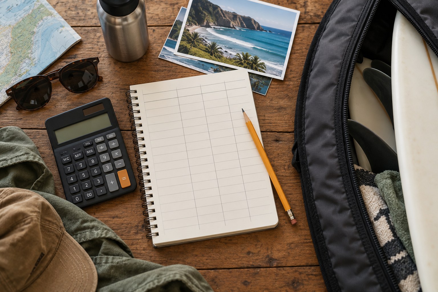 A calculator, notebook and travel materials are arranged for planning a surf budget.