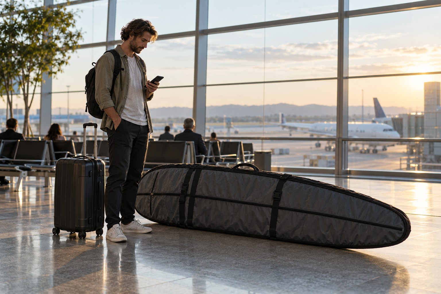 A traveller checks a phone beside a long board bag in an airport hall.