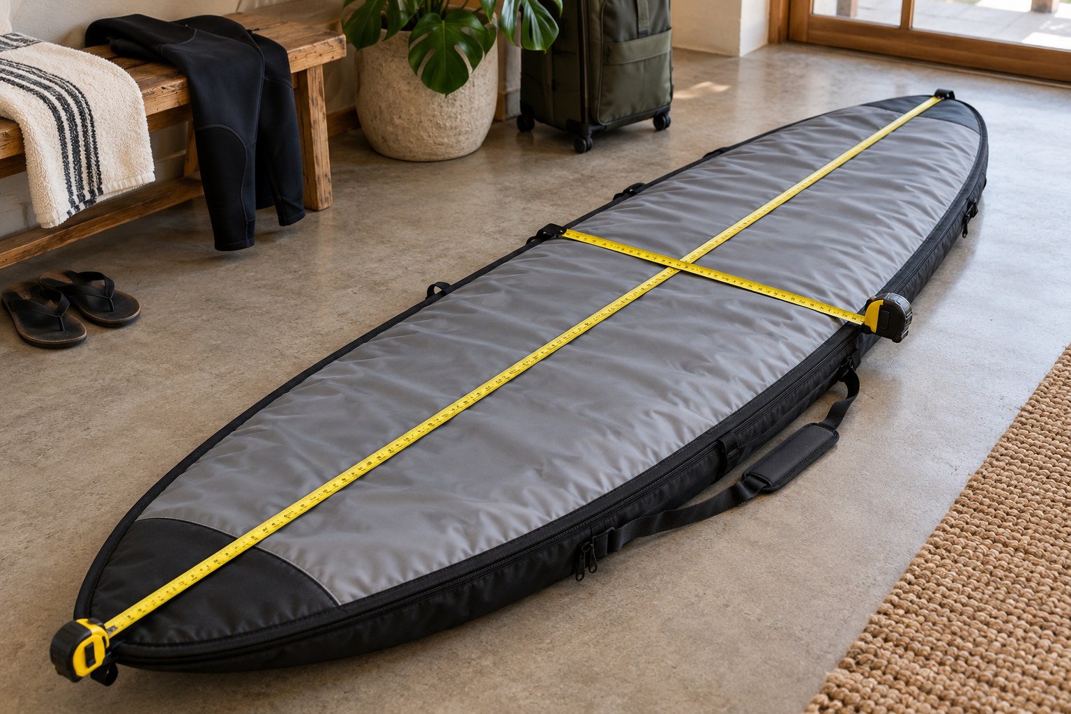 Two measuring tapes run along and across a packed surfboard travel bag.
