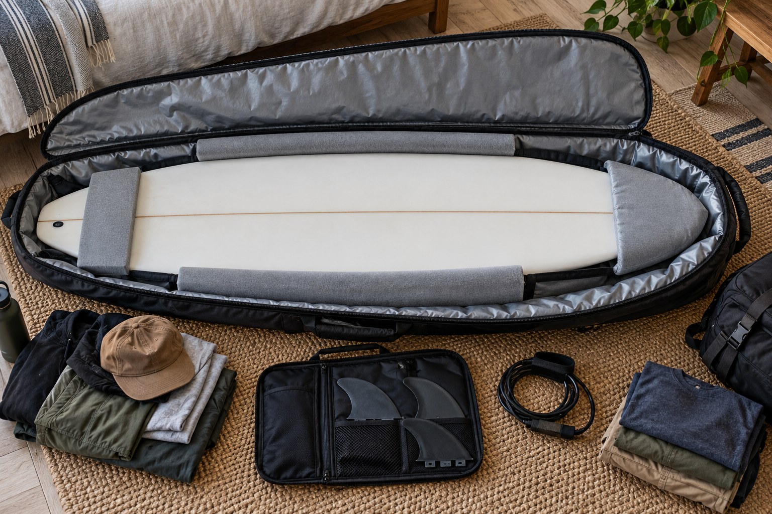 A board is packed with protective padding inside an open travel bag and fins kept separately.