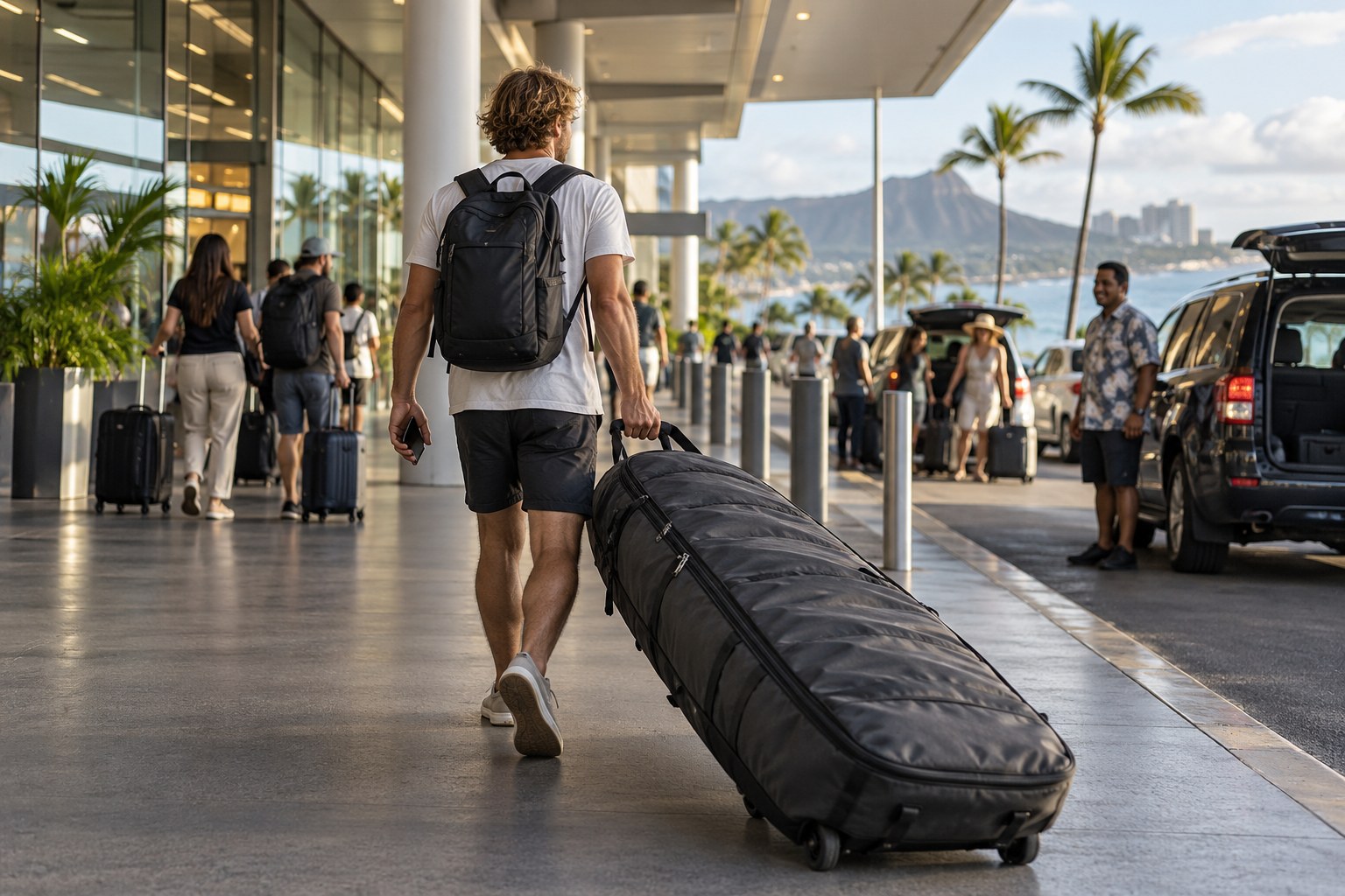 A traveller wheels a long padded board bag towards an airport pickup area.