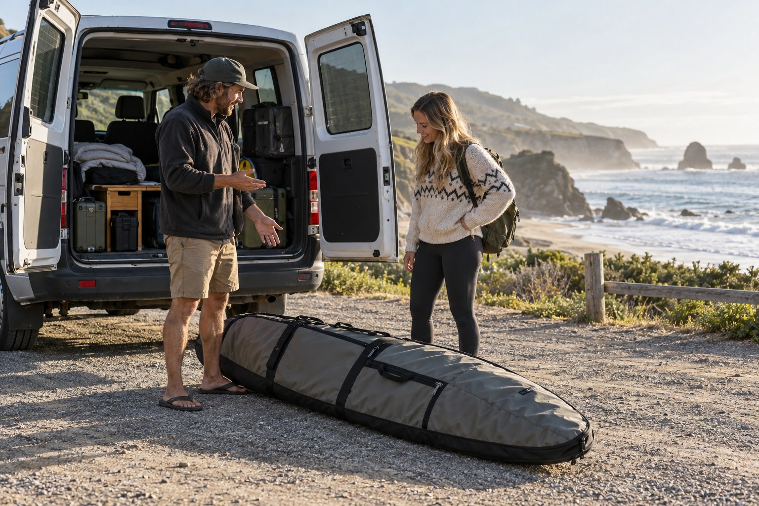 A driver and traveller discuss a board bag beside an open shuttle van.