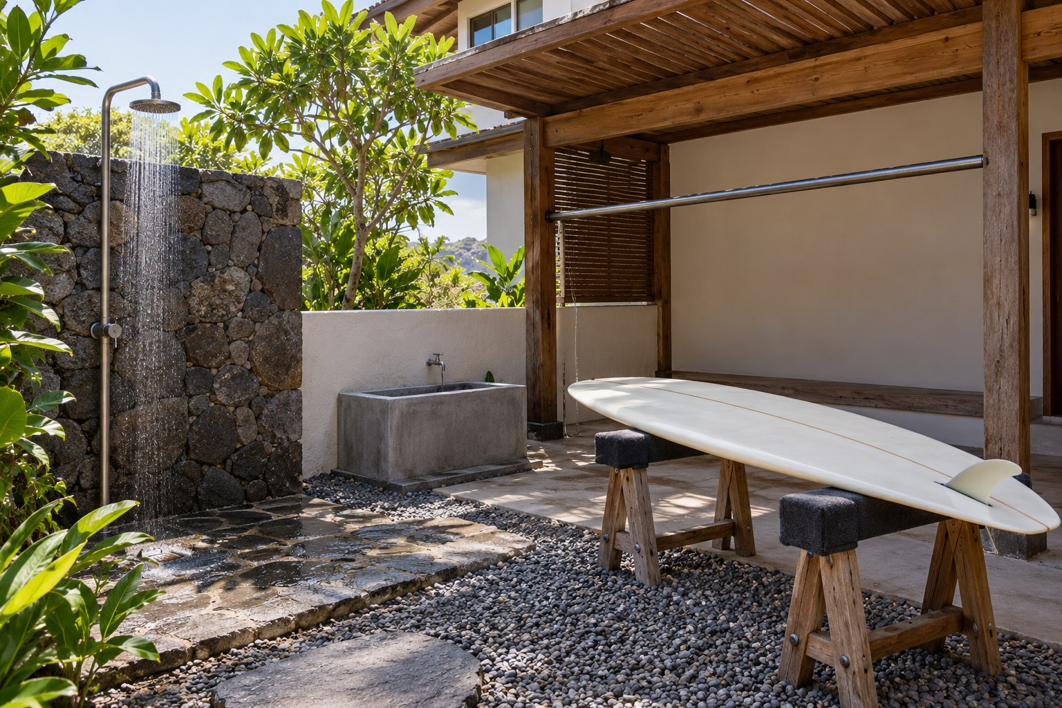 A coastal guesthouse courtyard provides a freshwater rinse area and an empty sheltered drying rail.