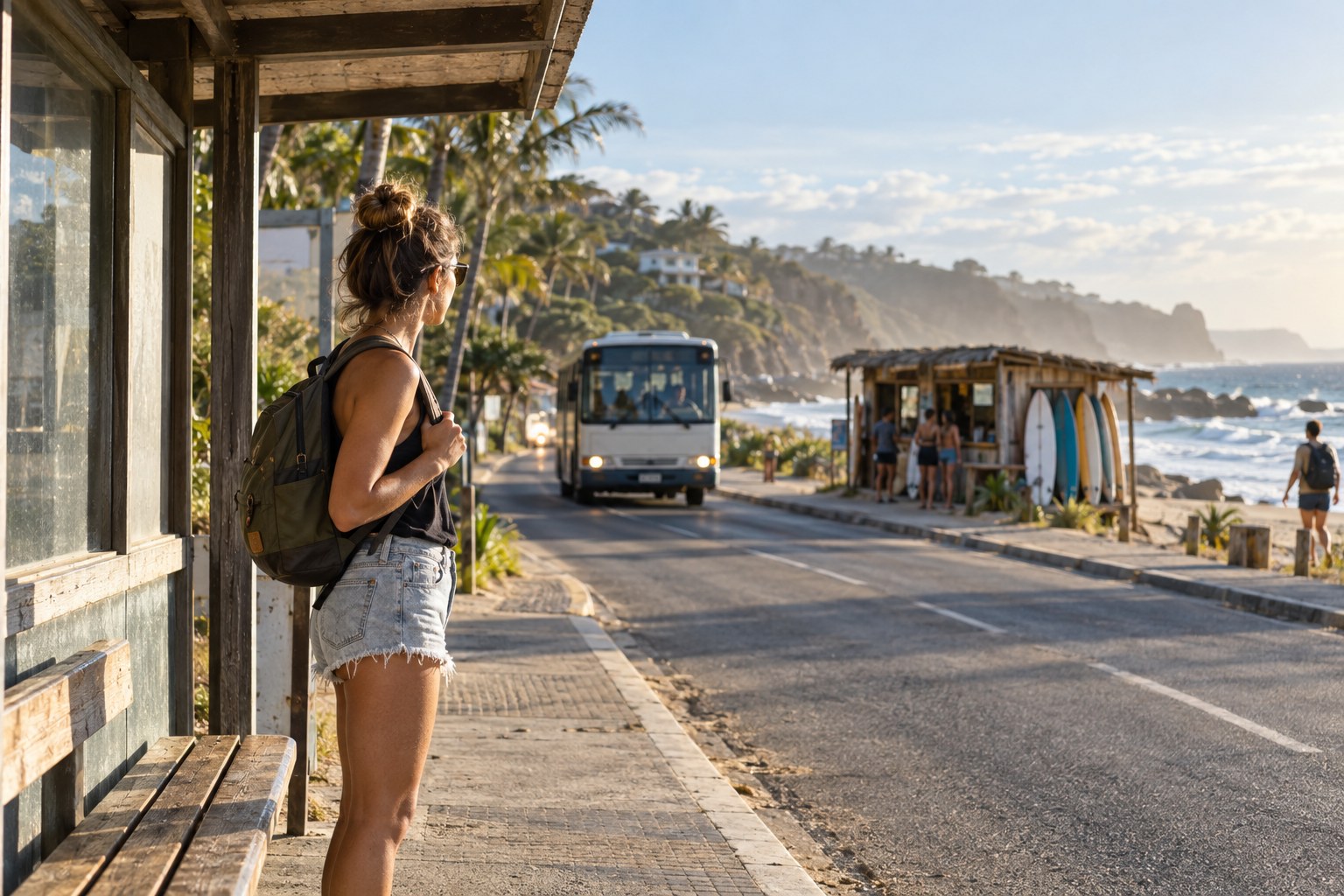A traveller with a backpack waits at a coastal bus stop near the beach.