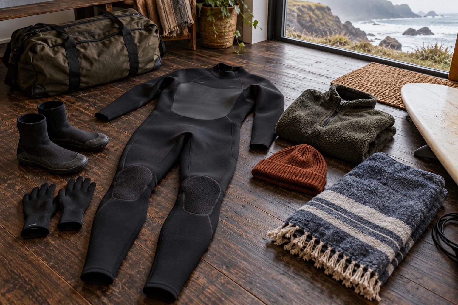 A full wetsuit, boots, gloves and warm layers are laid out for a cool-weather trip.