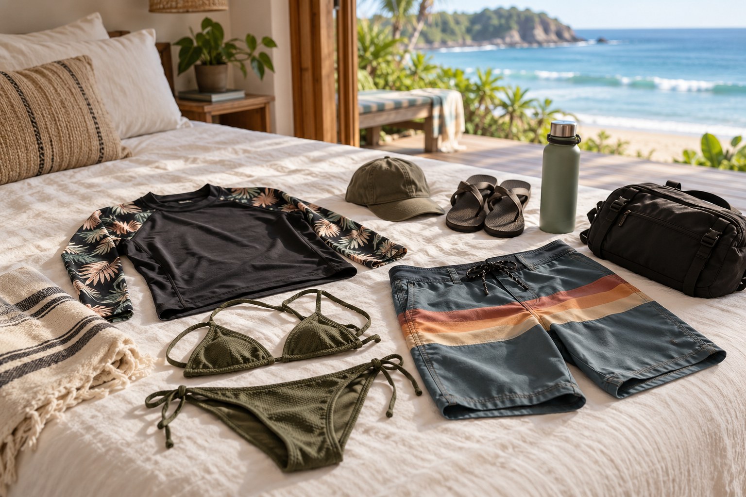 Rash tops, swimwear, boardshorts and sandals form a light warm-water packing kit.