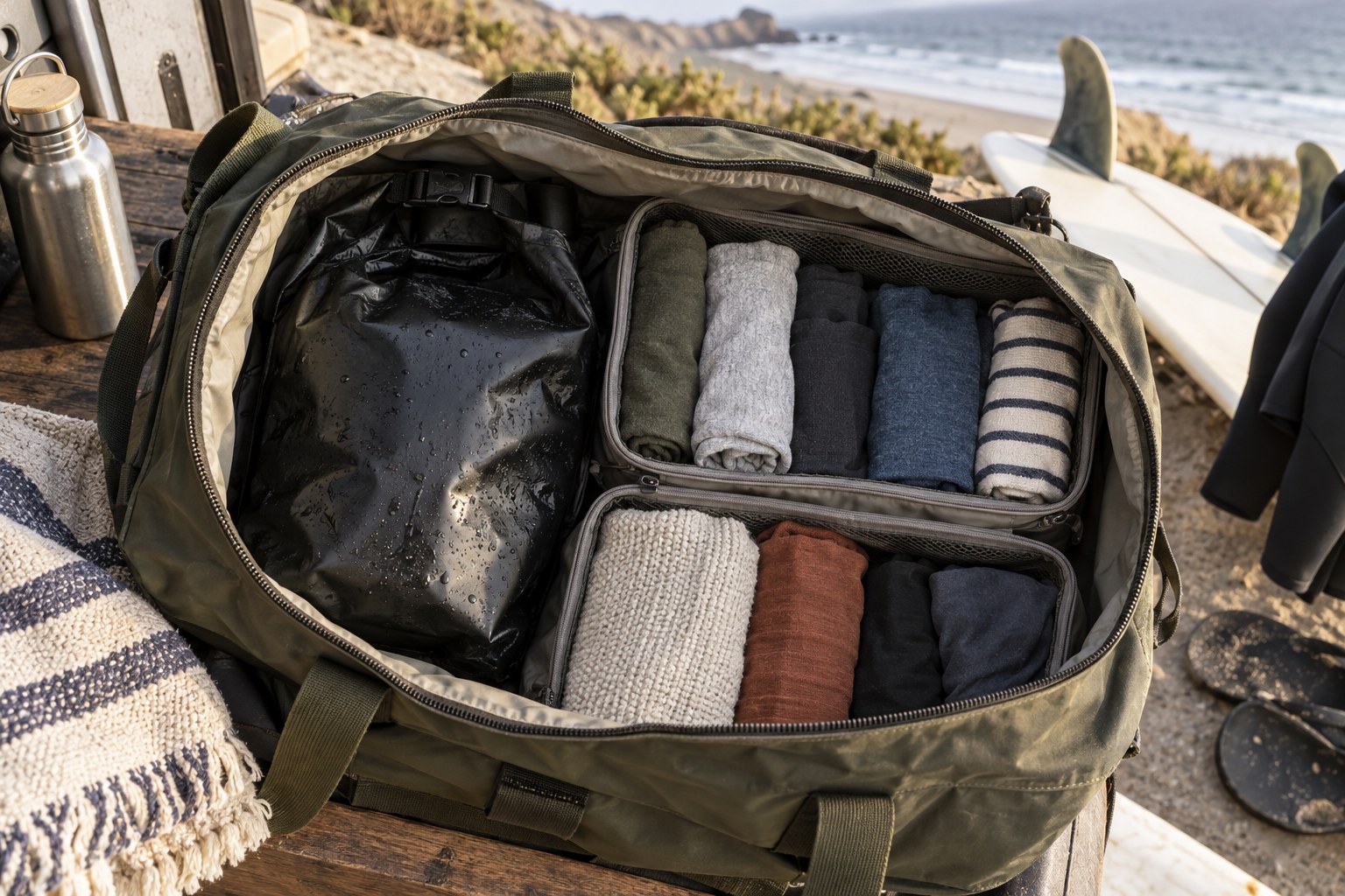Wet kit is separated from dry clothes inside an open travel duffel.