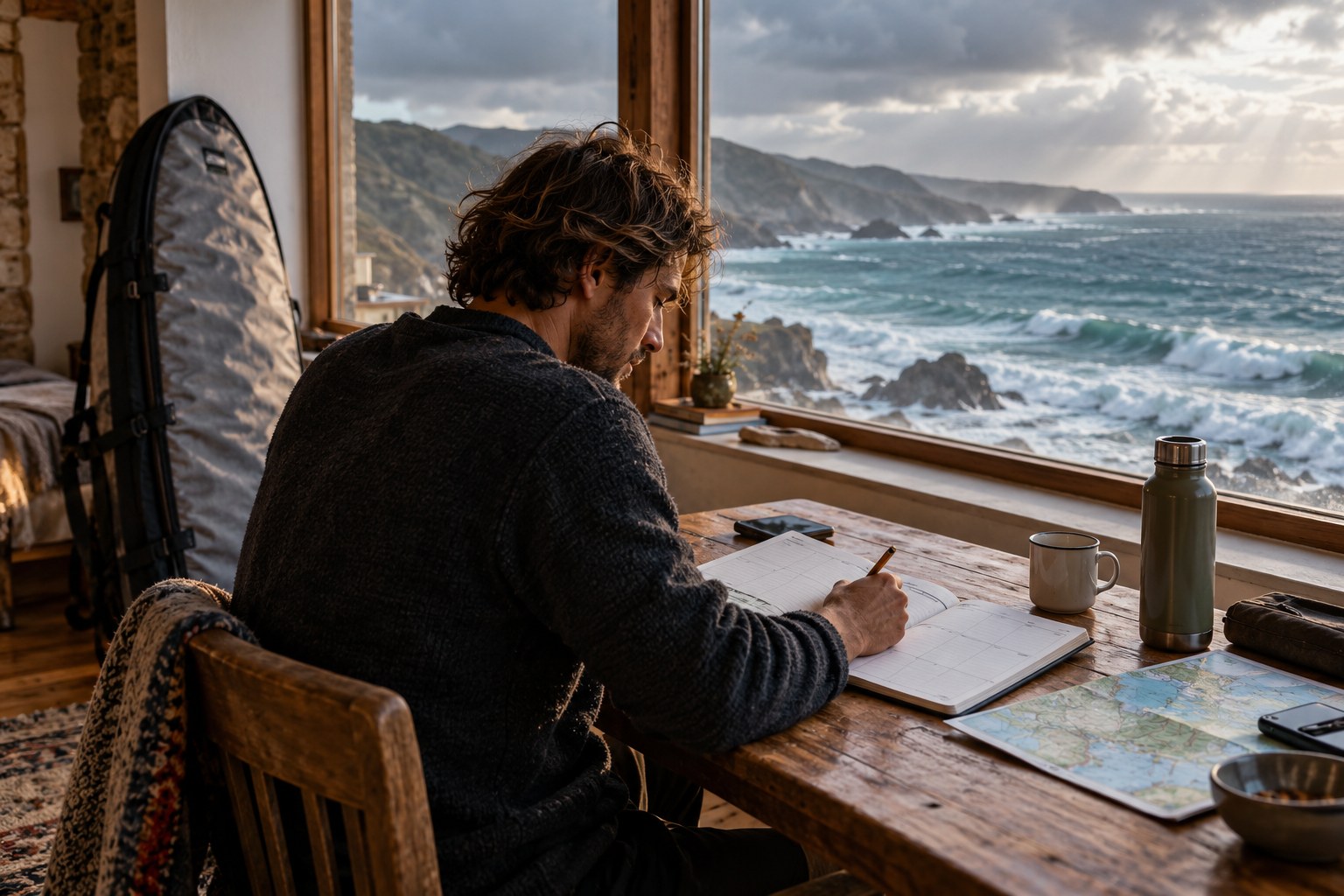 A traveller revises a paper plan while rough water is visible through the window.