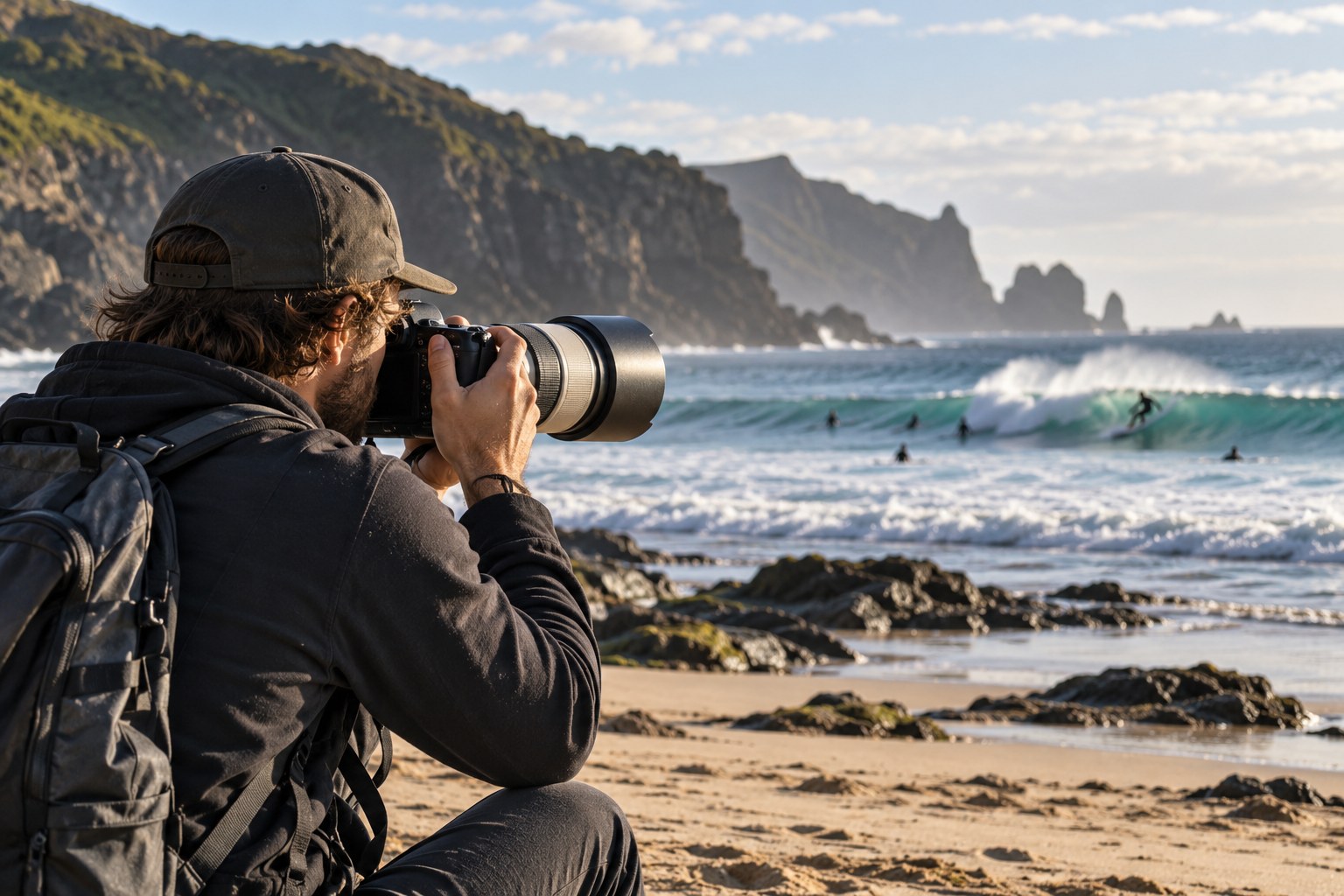 A photographer uses a long camera lens from the beach to photograph surfers.