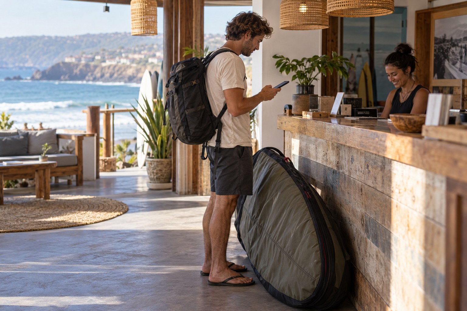 A solo traveller checks a phone at a guesthouse reception beside a board bag.