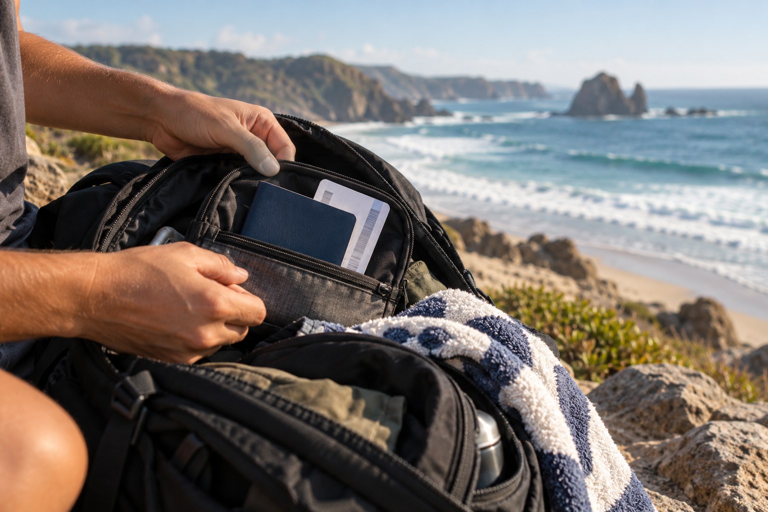 A zipped travel-document pouch sits inside a beach day backpack.