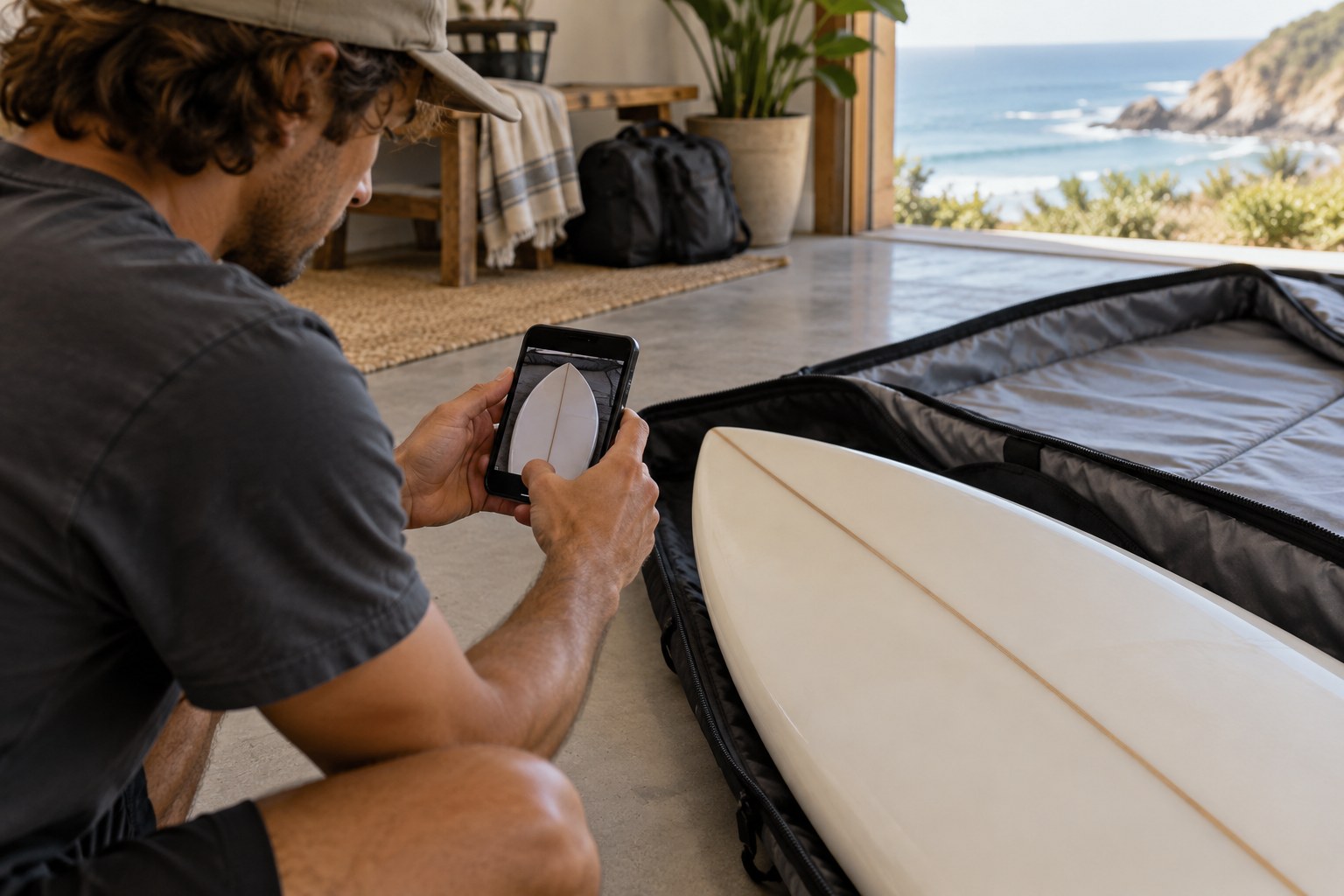 A phone records the condition of a surfboard nose beside an open travel bag.