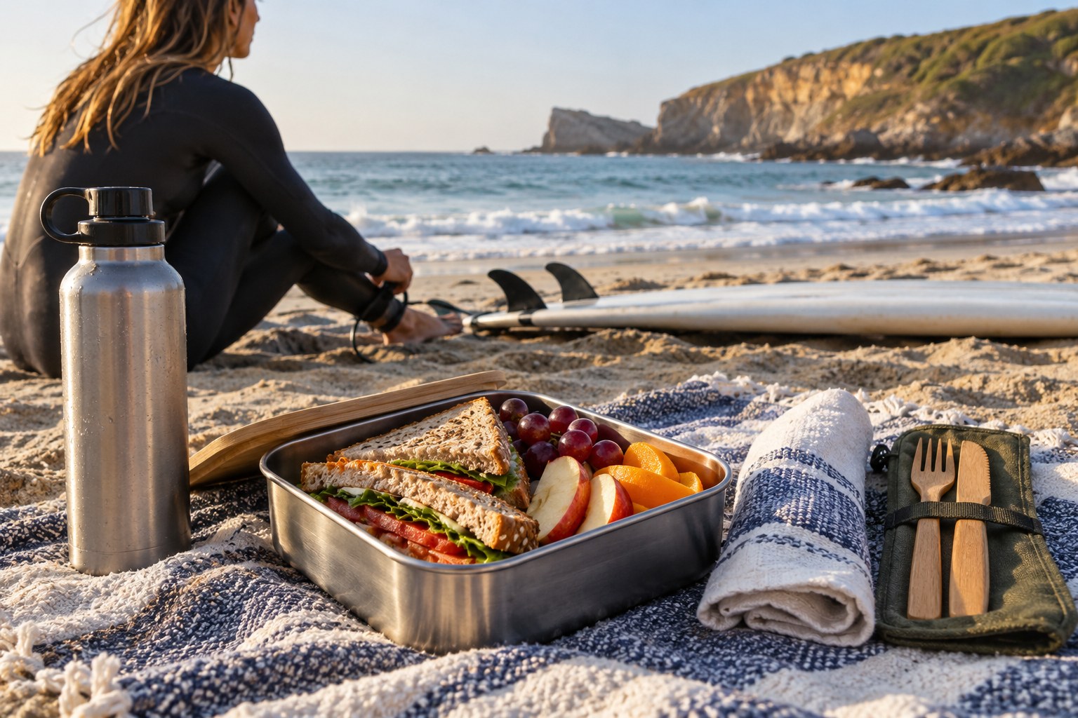A reusable lunchbox, fruit, bottle and cutlery pouch form a compact beach meal kit.