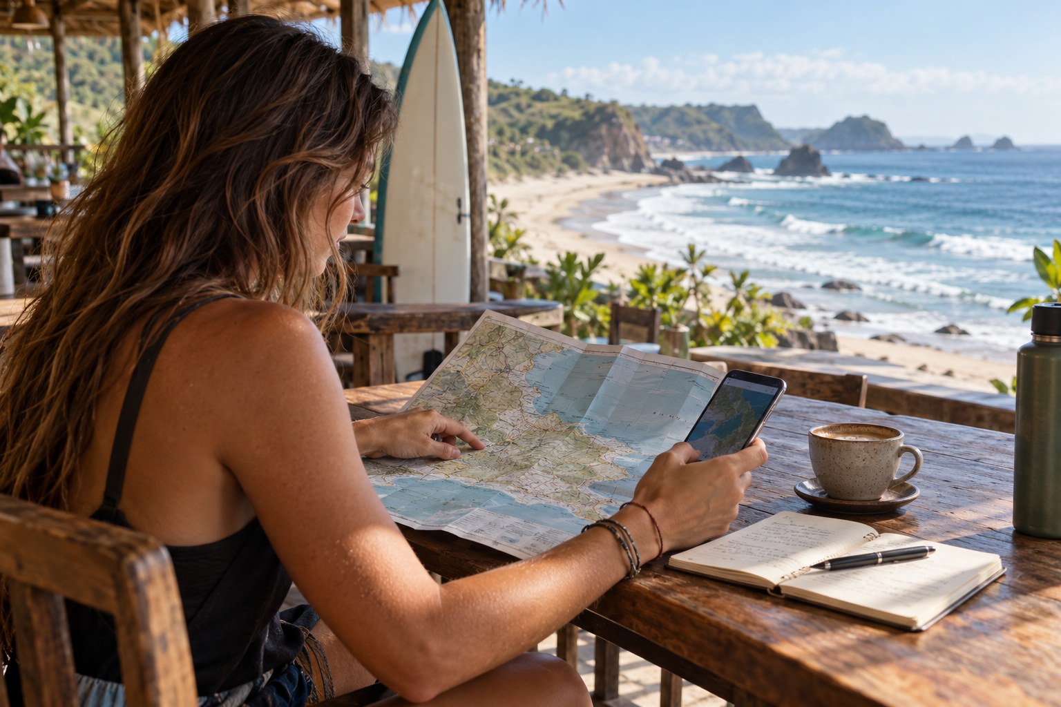 A traveller compares a coastal map with information on a phone.