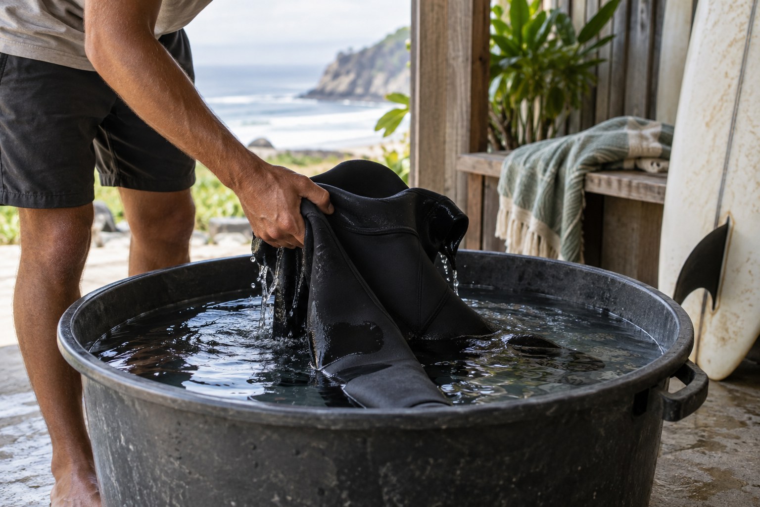 Hands gently rinse a wetsuit in a tub of fresh water in a shaded area.