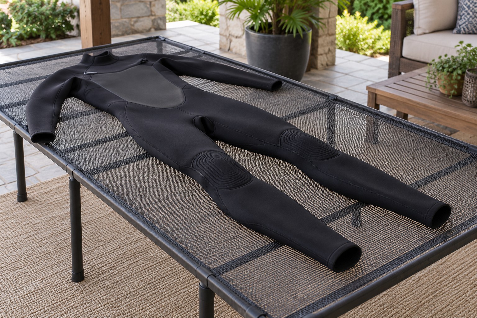 A full wetsuit lies flat on a breathable mesh drying table in a covered patio.