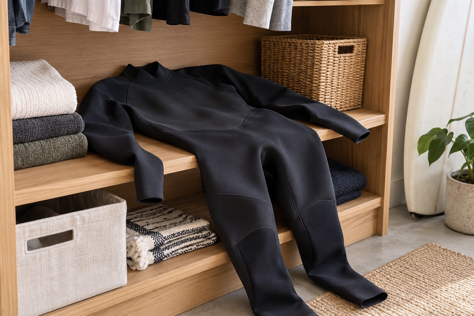 A dry wetsuit rests loosely on an open shelf without tight compression.
