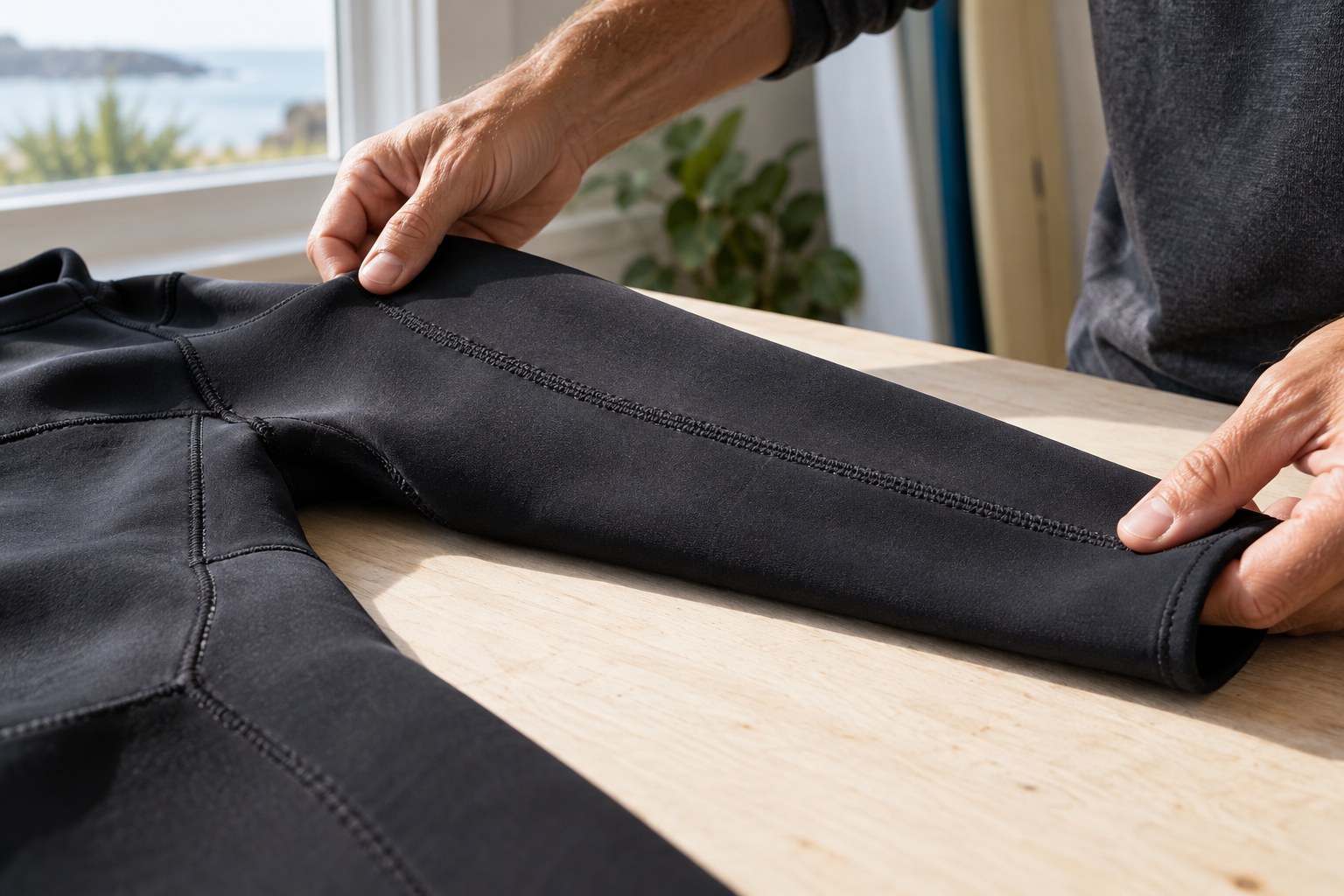 Hands spread a wetsuit sleeve to examine its stitched seam.