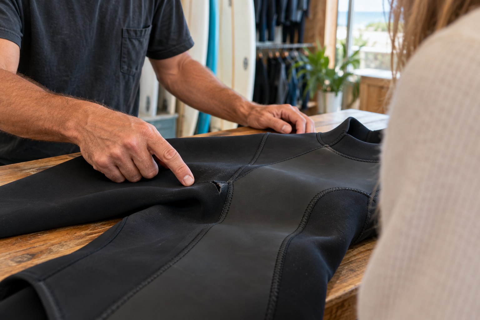 A small tear in a wetsuit is shown to another person at a repair counter.