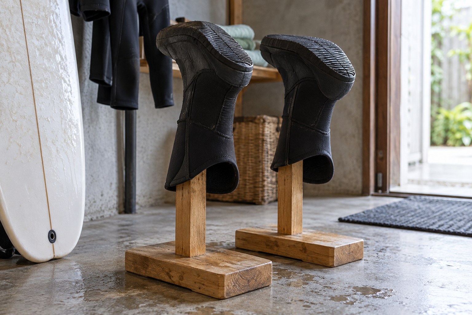 Neoprene surf boots rest upside down on drying supports in a shaded room.