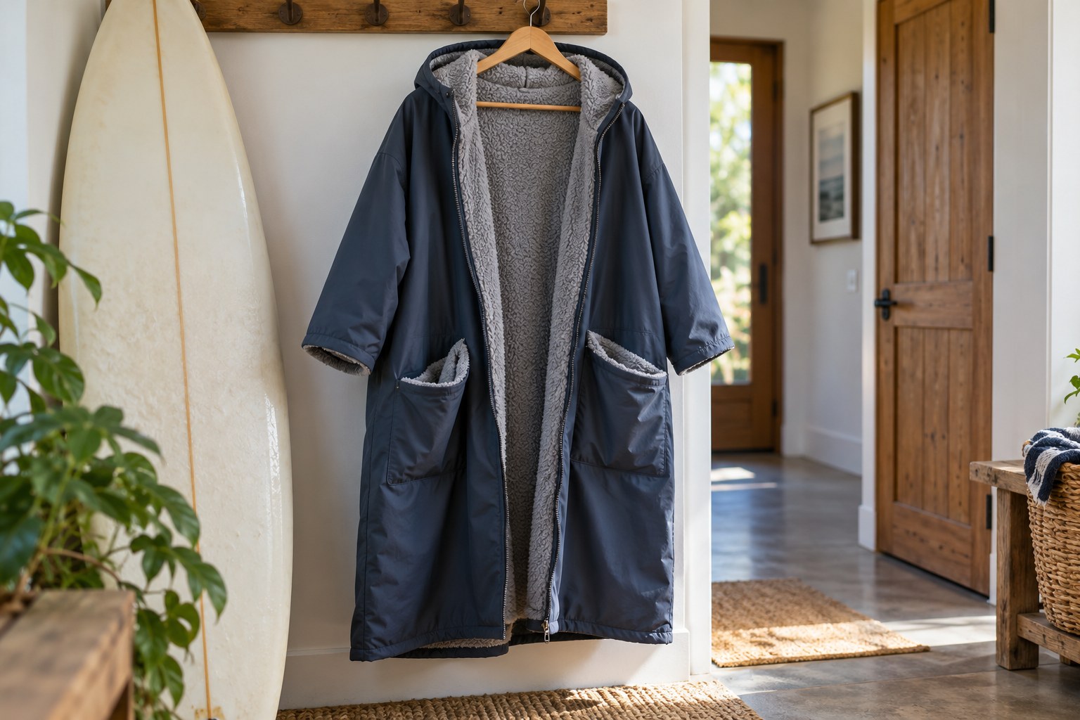An open changing robe hangs in a dry hallway with its pockets visible.