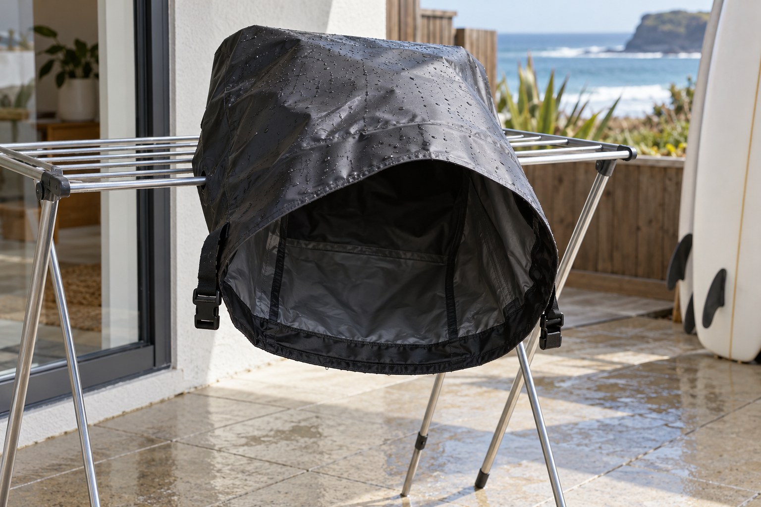 An empty wet kit bag is opened over a drying rack so its interior can air.