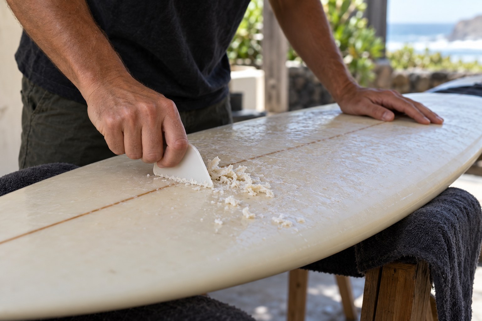A plastic scraper removes old wax from a board supported on padded trestles.