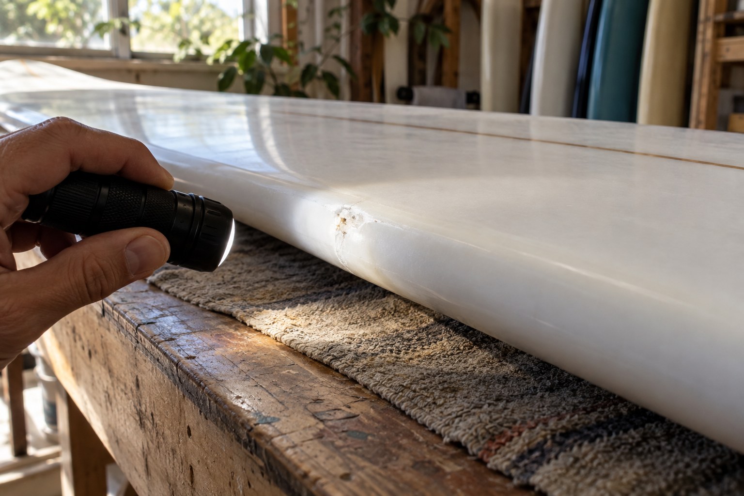 A hand-held light illuminates a small impact mark on a surfboard rail.