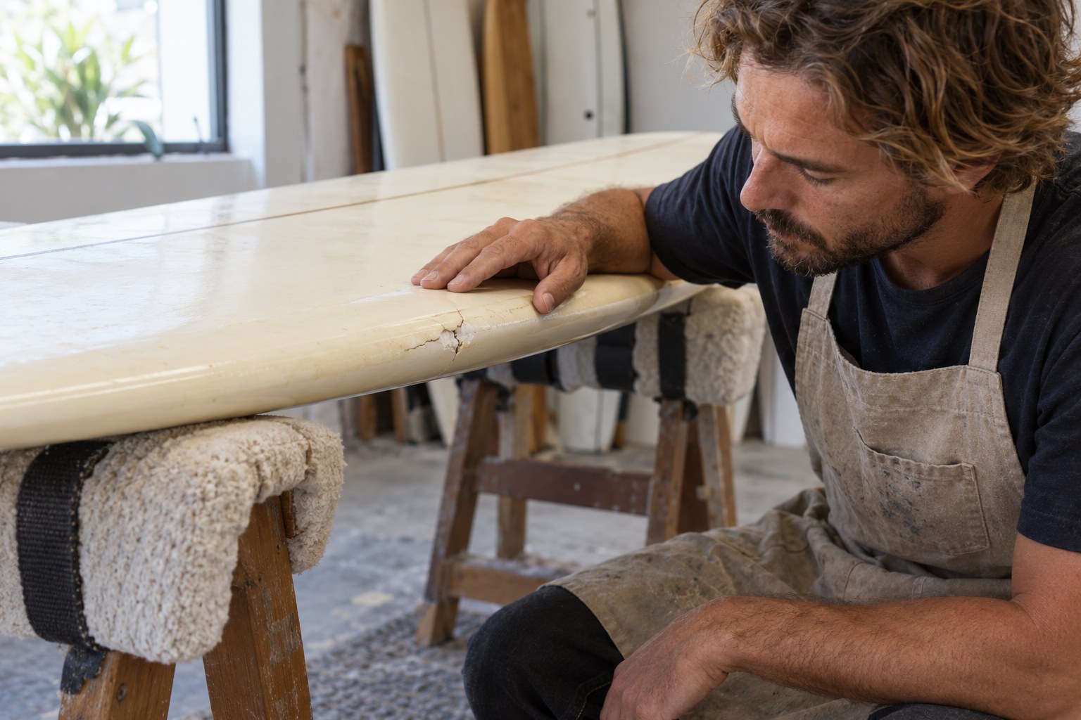 A repairer examines a small rail crack on a board resting on padded supports.