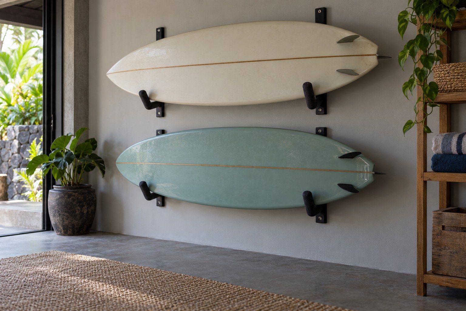Two boards rest in padded wall brackets in a shaded indoor storage area.