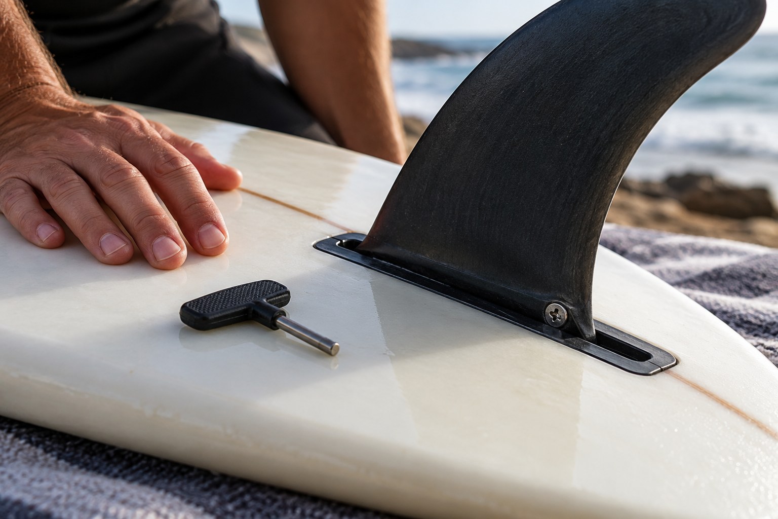 An unused fin key lies beside a fin-box screw while a hand steadies the board.