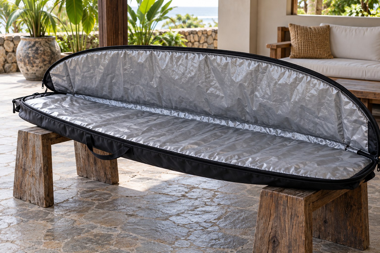 A padded board bag is fully unzipped and held open to dry in shade.