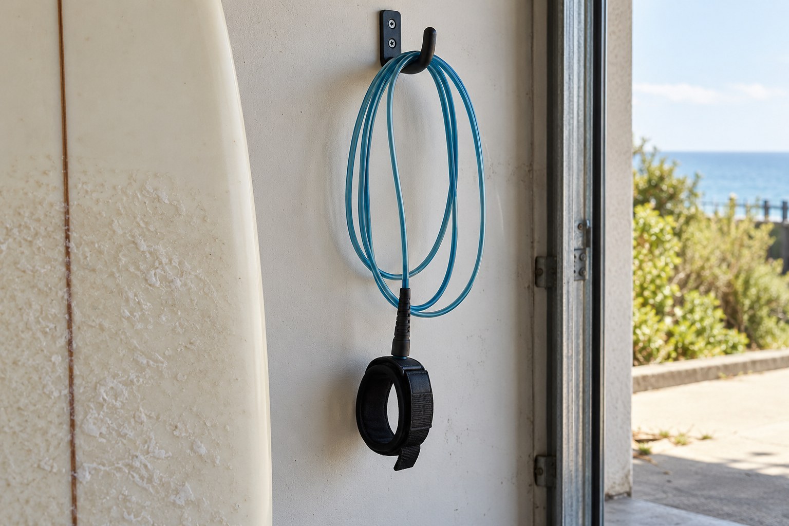A straight surf leash hangs in broad loose loops without knots.