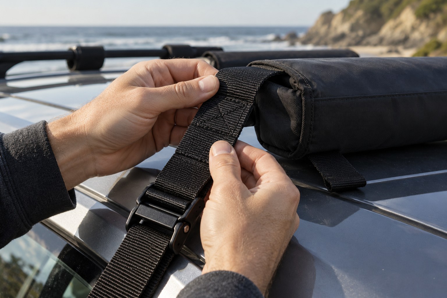 Hands inspect the stitching and webbing of a vehicle roof-rack strap.
