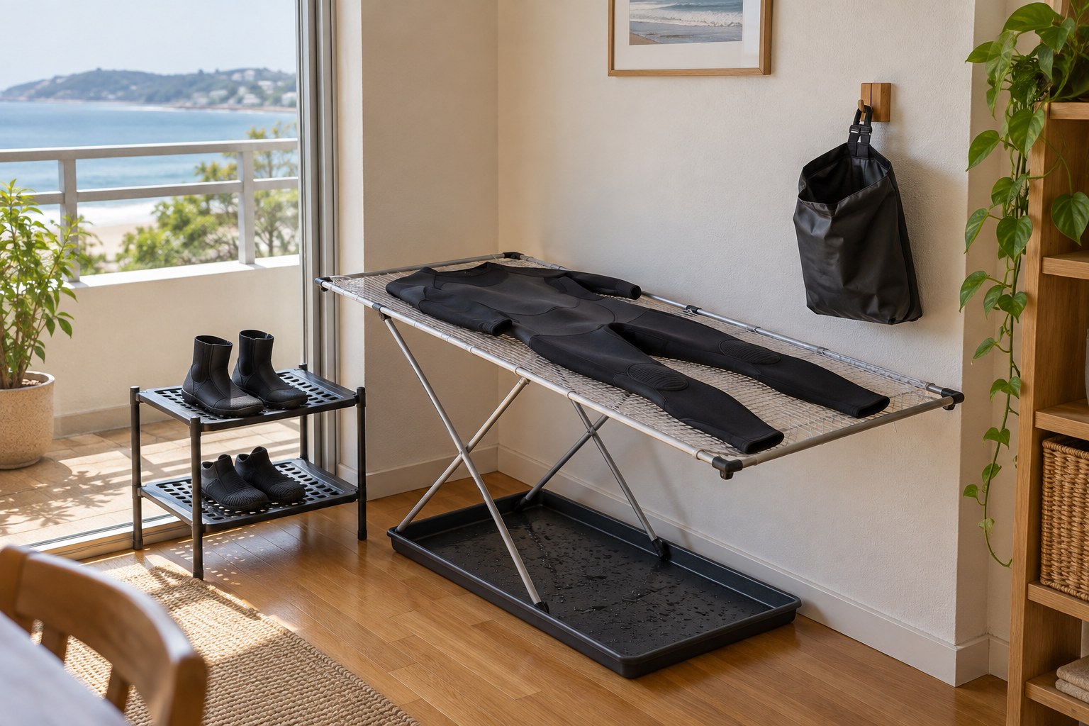A compact utility corner has a horizontal drying rack, drip tray, boot shelf and open wet bag.