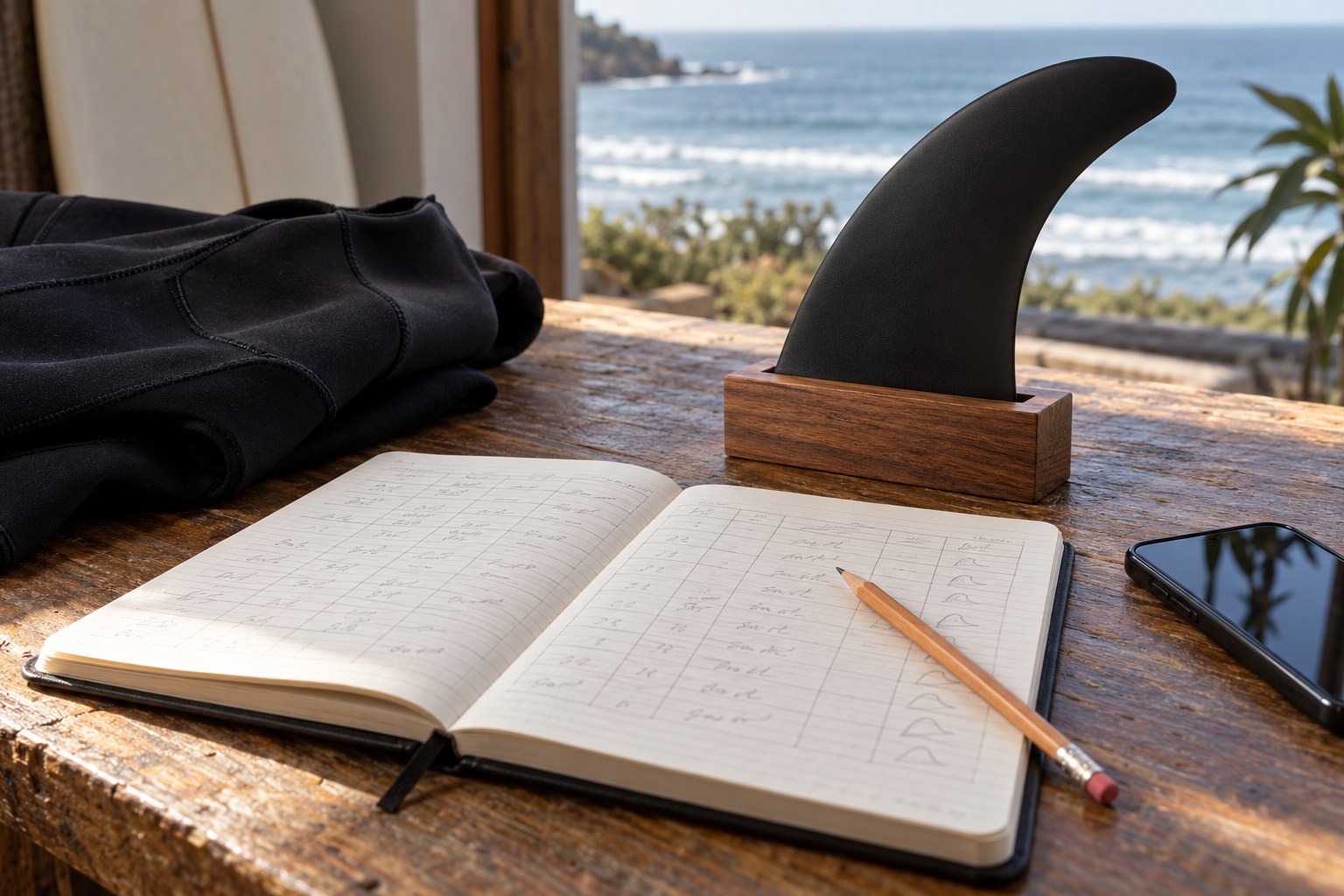 An equipment-record notebook sits beside a fin in a holder, folded wetsuit and phone.