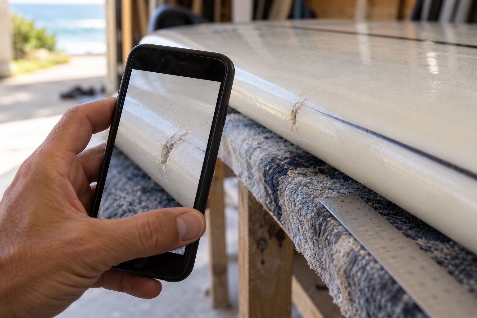A phone photographs a small visible crack on the rail of a surfboard.