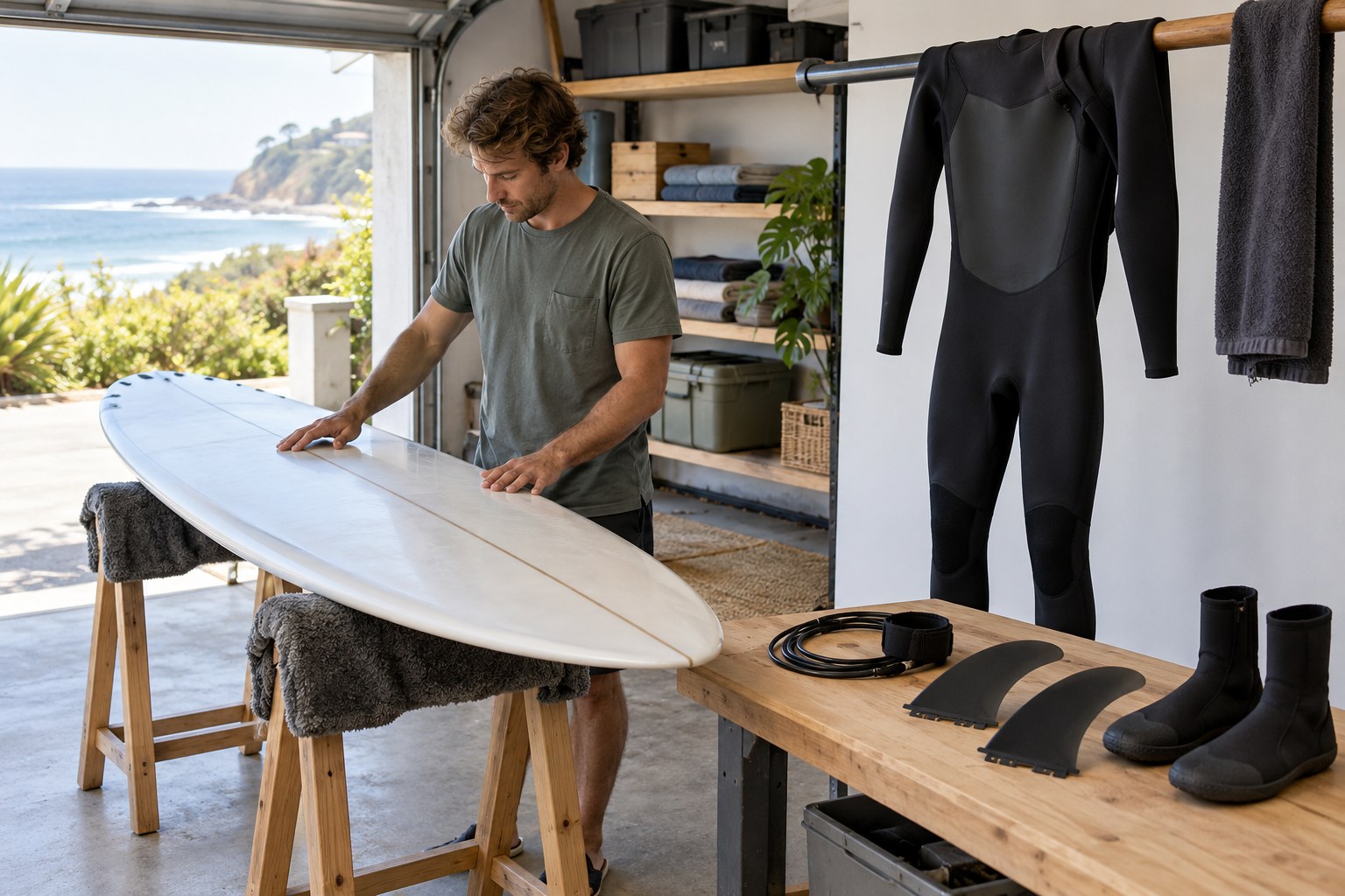 Boards, wetsuit, fins, boots and leash are arranged for an equipment inspection.